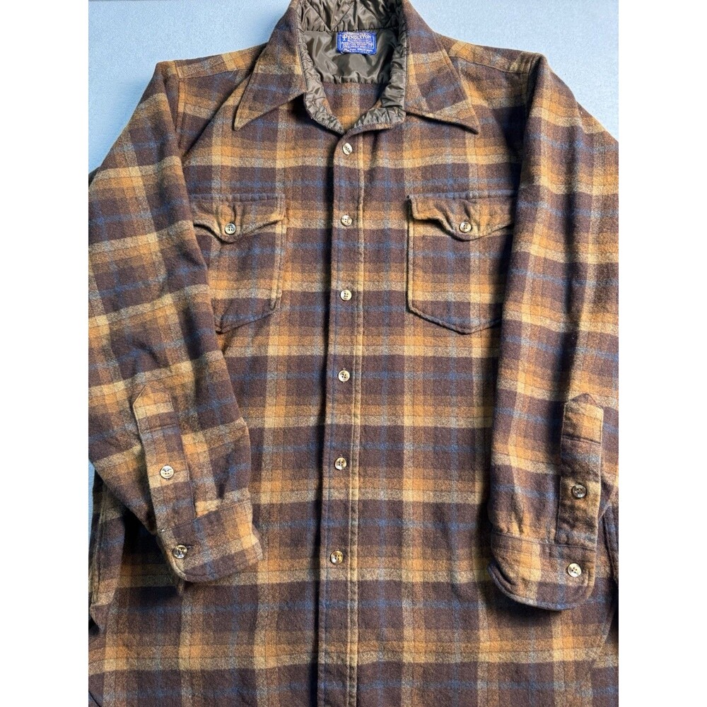 Pendleton Men's XL Size 17 Brown Plaid Wool Flannel Shirt 70s Vintage, USA